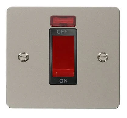 Flat Plate Pearl Nickel 1 Gang 45A DP Switch + Neon - Black Trim