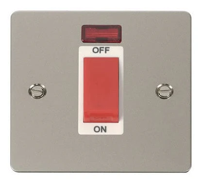 Flat Plate Pearl Nickel 1 Gang 45A DP Switch + Neon - White Trim