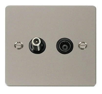 Flat Plate Pearl Nickel 1 Gang Satellite & Isolated Coaxial Socket - Black Trim