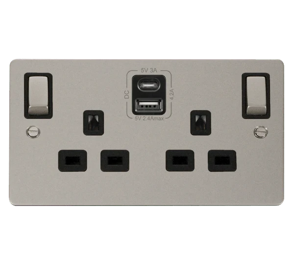 Flat Plate Pearl Nickel 2 Gang 13A DP Ingot Type A & C USB Twin Double Switched Plug Socket - Black Trim