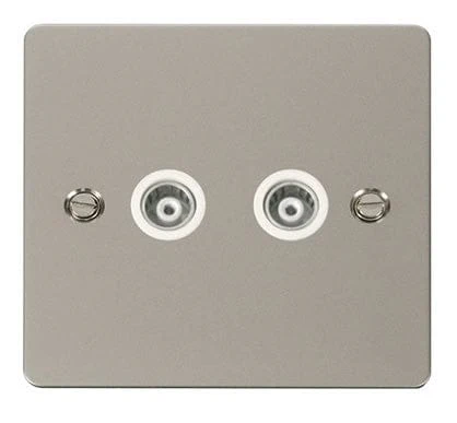 Flat Plate Pearl Nickel 2 Gang Isolated Coaxial Socket - White Trim