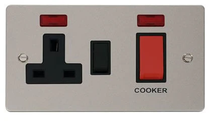 Flat Plate Pearl Nickel 45A DP Switch + 13A DP Switched Plug Socket + Neons - Black Trim