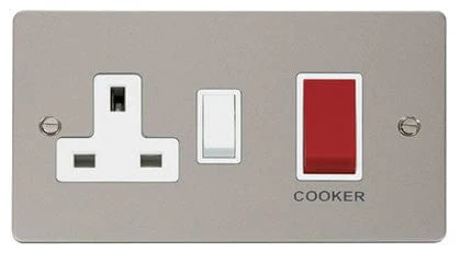 Flat Plate Pearl Nickel 45A DP Switch + 13A DP Switched Plug Socket - White Trim