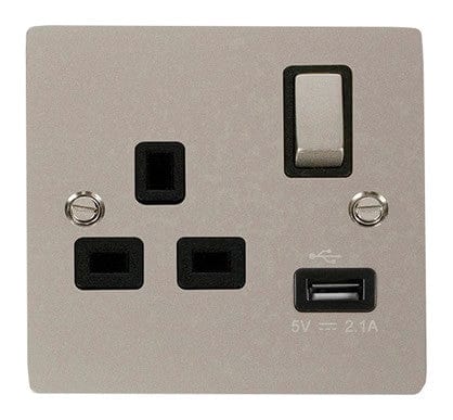 Flat Plate Pearl Nickel Ingot 1 USB 1 Gang 13A DP Switched Plug Socket - Black Trim
