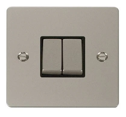 Flat Plate Pearl Nickel Ingot 10AX 2 Gang 2 Way Light Switch - Black Trim