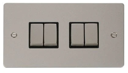 Flat Plate Pearl Nickel Ingot 10AX 4 Gang 2 Way Light Switch - Black Trim