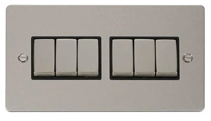 Flat Plate Pearl Nickel Ingot 10AX 6 Gang 2 Way Light Switch - Black Trim