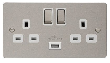 Flat Plate Pearl Nickel Ingot 2 Gang 1 USB Twin Double 13A DP Switched Plug Socket - White Trim