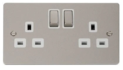 Flat Plate Pearl Nickel Ingot 2 Gang Twin Double 13A DP Switched Plug Socket - White Trim