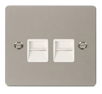 Flat Plate Pearl Nickel Twin Telephone Socket Secondary  - White Trim