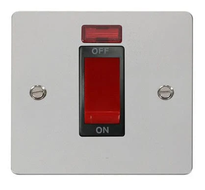 Flat Plate Polished Chrome 1 Gang 45A DP Switch + Neon - Black Trim