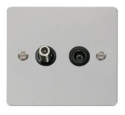 Flat Plate Polished Chrome 1 Gang Satellite & Isolated Coaxial Socket - Black Trim