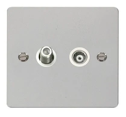 Flat Plate Polished Chrome 1 Gang Satellite & Isolated Coaxial Socket - White Trim