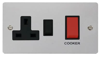 Flat Plate Polished Chrome 45A DP Switch + 13A DP Switched Socket - Black Trim