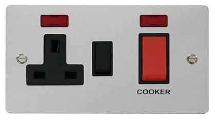 Flat Plate Polished Chrome 45A DP Switch + 13A DP Switched Socket + Neons - Black Trim