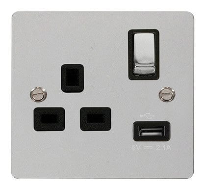 Flat Plate Polished Chrome Ingot 1 USB 1 Gang 13A DP Switched Plug Socket - Black Trim
