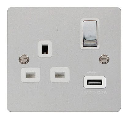 Flat Plate Polished Chrome Ingot 1 USB 1 Gang 13A DP Switched Plug Socket - White Trim