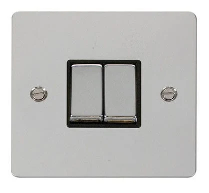 Flat Plate Polished Chrome Ingot 10AX 2 Gang 2 Way Light Switch - Black Trim