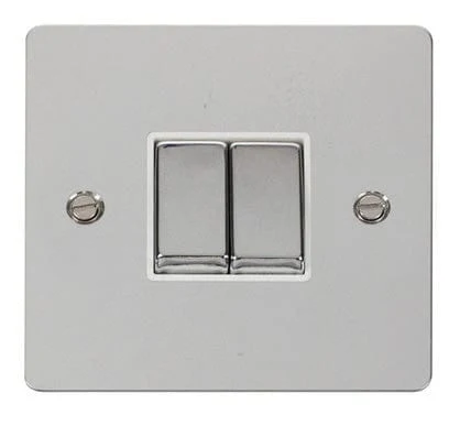 Flat Plate Polished Chrome Ingot 10AX 2 Gang 2 Way Light Switch - White Trim