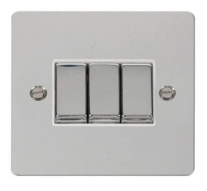 Flat Plate Polished Chrome Ingot 10AX 3 Gang 2 Way Light Switch - White Trim