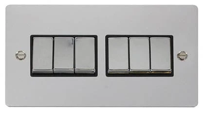 Flat Plate Polished Chrome Ingot 10AX 6 Gang 2 Way Light Switch - Black Trim