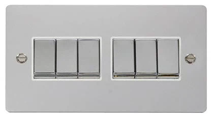 Flat Plate Polished Chrome Ingot 10AX 6 Gang 2 Way Light Switch  - White Trim