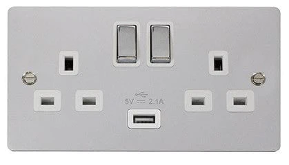 Flat Plate Polished Chrome Ingot 2 Gang 1 USB Twin Double 13A DP Switched Plug Socket - White Trim