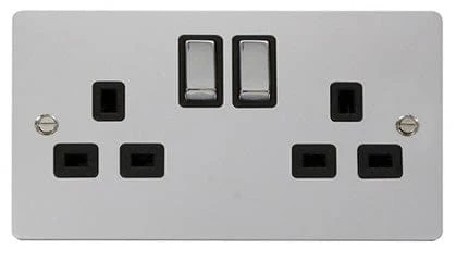 Flat Plate Polished Chrome Ingot 2 Gang Twin Double 13A DP Switched Plug Socket - Black Trim