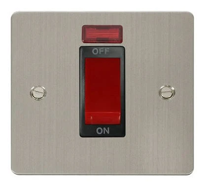 Flat Plate Stainless Steel 1 Gang 45A DP Switch + Neon - Black Trim