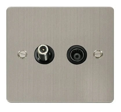 Flat Plate Stainless Steel 1 Gang Satellite & Isolated Coaxial Socket - Black Trim