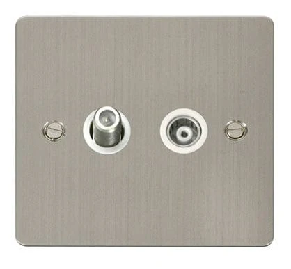 Flat Plate Stainless Steel 1 Gang Satellite & Isolated Coaxial Socket - White Trim