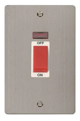 Flat Plate Stainless Steel 2 Gang 45A DP Switch + Neon - White Trim