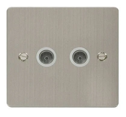 Flat Plate Stainless Steel 2 Gang Coaxial Socket - White Trim