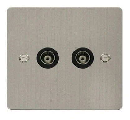 Flat Plate Stainless Steel 2 Gang Isolated Coaxial Socket - Black Trim