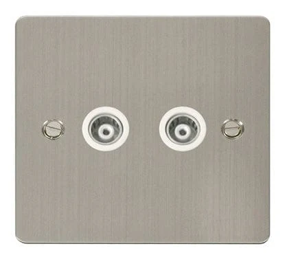 Flat Plate Stainless Steel 2 Gang Isolated Coaxial Socket - White Trim