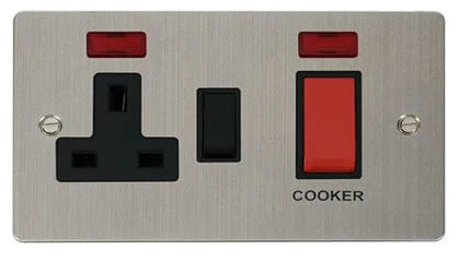 Flat Plate Stainless Steel 45A DP Switch + 13A DP Switched Plug Socket + Neons - Black Trim