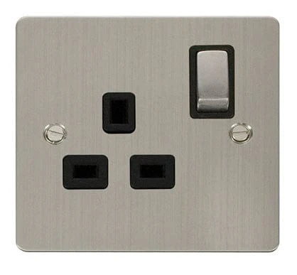 Flat Plate Stainless Steel Ingot 1 Gang 13A DP Switched Plug Socket - Black Trim