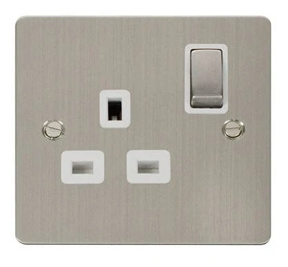 Flat Plate Stainless Steel Ingot 1 Gang 13A DP Switched Plug Socket - White Trim