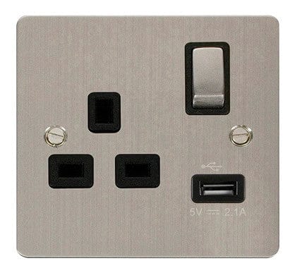 Flat Plate Stainless Steel Ingot 1 USB 1 Gang 13A DP Switched Plug Socket - Black Trim