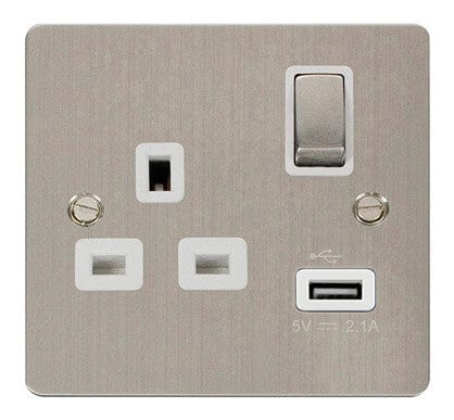 Flat Plate Stainless Steel Ingot 1 USB 1 Gang 13A DP Switched Plug Socket - White Trim