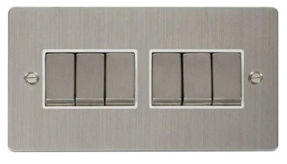 Flat Plate Stainless Steel Ingot 10AX 6 Gang 2 Way Light Switch - White Trim