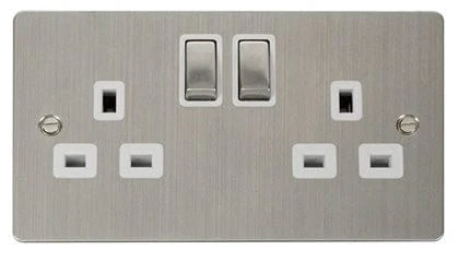 Flat Plate Stainless Steel Ingot 2 Gang Twin Double 13A DP Switched Plug Socket - White Trim