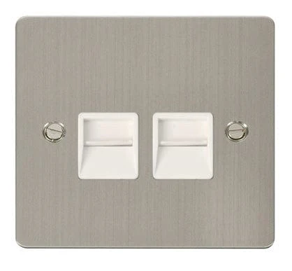 Flat Plate Stainless Steel Twin Telephone Socket Master - White Trim