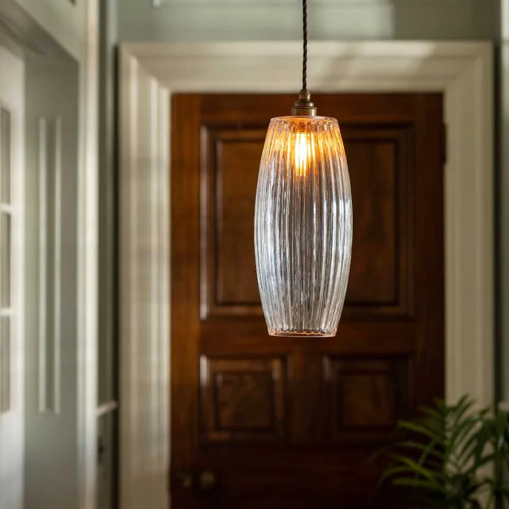 Henley Curve Fluted Glass Pendant Light - Old English Brass - Image 2
