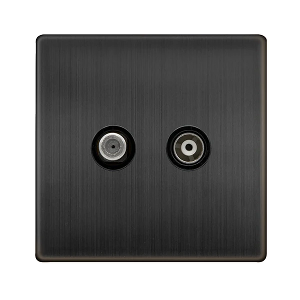 Screwless Plate Matt Bronze Isolated Satellite + Isolated Coaxial Outlet- Black Trim
