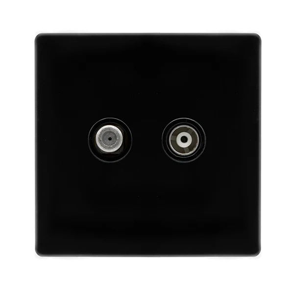 Screwless Plate Black Metal Isolated Satellite + Isolated Coaxial Outlet - Black Trim