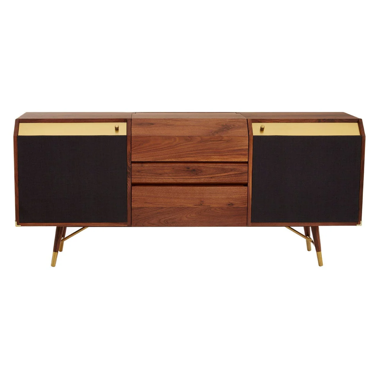 Kenso Sideboard In Walnut Wood With A Brass Finish And Black Fabric Facings
