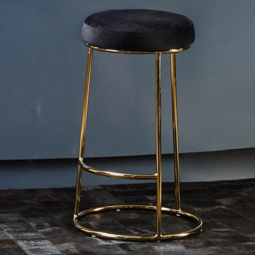 New York Bar Stool In Black Velvet & Gold
