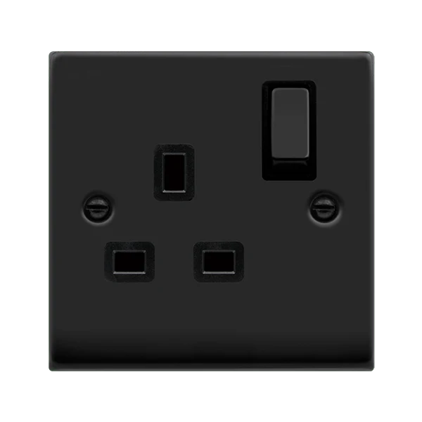 Matt Black 1 Gang 13A DP Ingot Switched Plug Socket - Black Trim