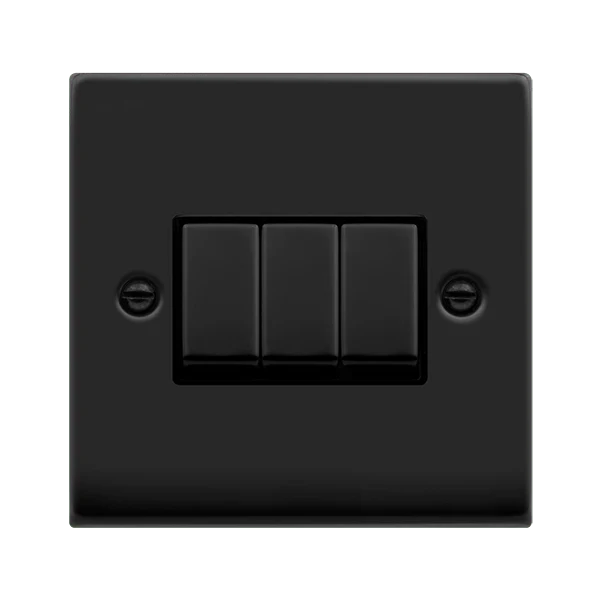 Matt Black 10A 3 Gang 2 Way Ingot Light Switch - Black Trim